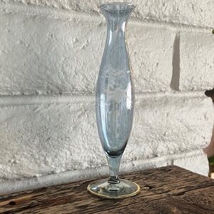 Blue Etched Glass Bud Vase with Gold Rim